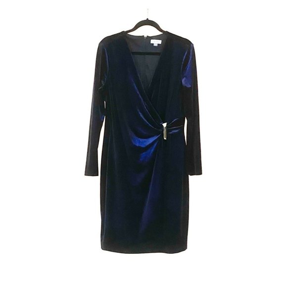 Calvin Klein Shimmery Sapphire Velvet Faux Wrap Side Gold Buckle Dress - Picture 7 of 9